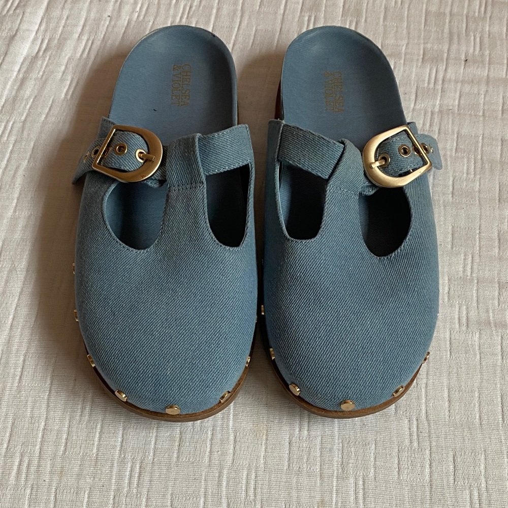 Chelsea & Violet Slate Blue Canvas Buckle Mules